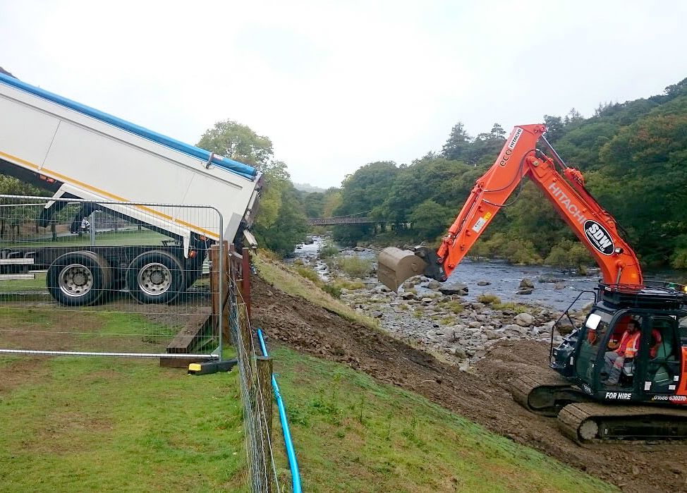 Our Elan gravel operation started this week. Here river gravel taken from the top of the Elan catchment is being introduced below the lowest dam. We stack it on the bank to be distributed naturally by the winter flows.